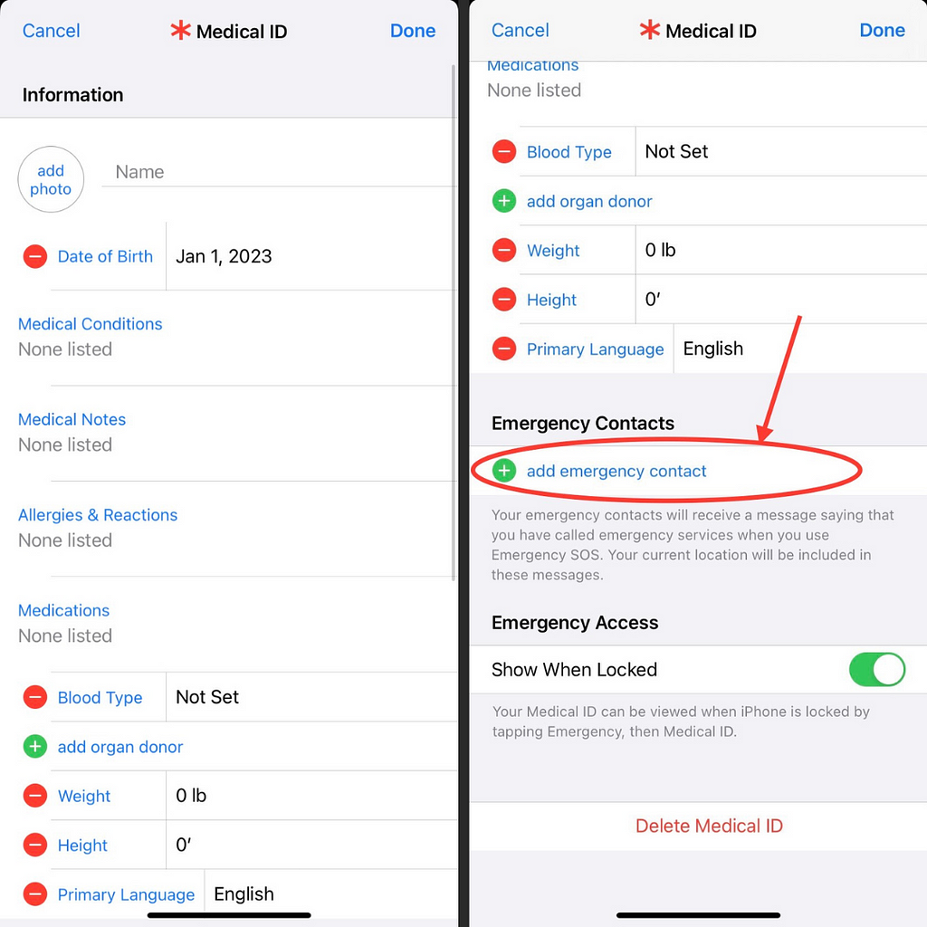 Screenshots Showing How to Create a Medical ID and How to Set up Emergency Contacts on iOS Devices