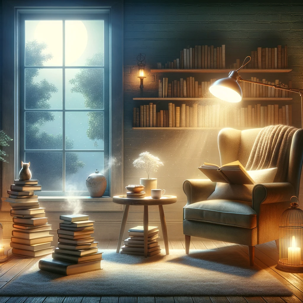 A cozy, lamp lit reading chair surrounded by books.