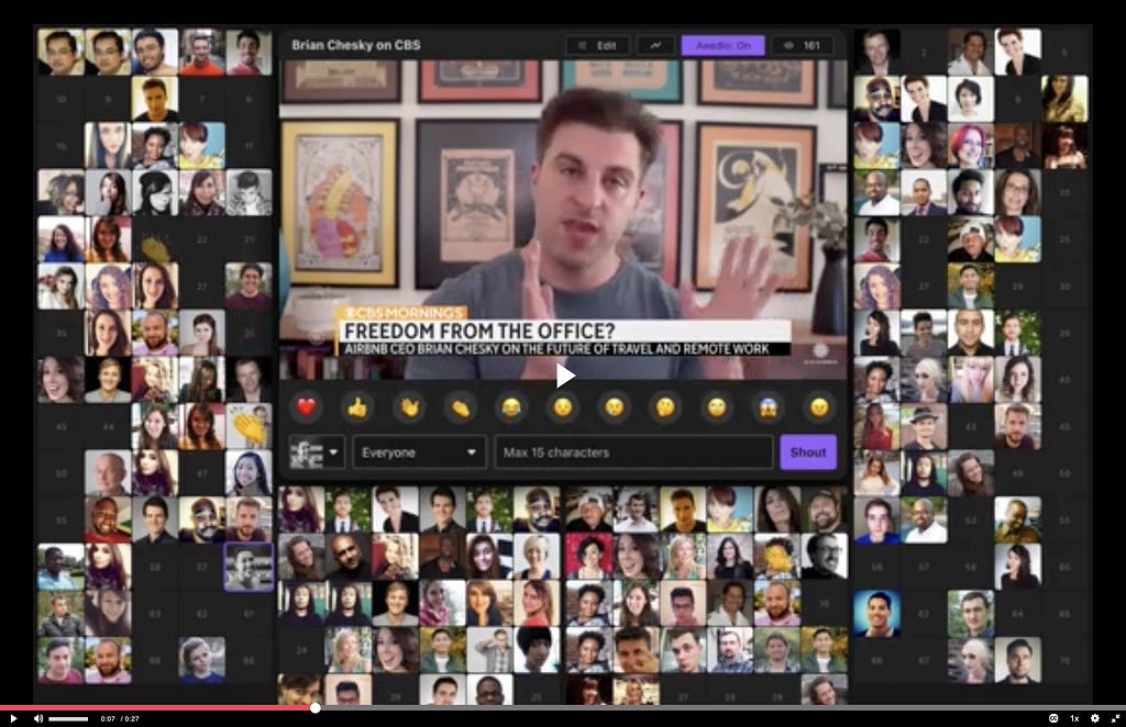 A video demo of Awedio, in which you can see Brian Chesky being interviewed on CBS while members of the audience applause around him. In addition to seeing the applause emojis rise from the audience, you can also hear the applause generated by the software.