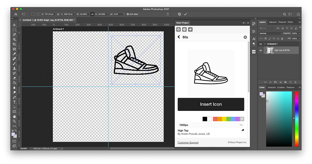 Step 4 of how to make pattern in Photoshop: Search icons in the Noun Project add-on and click “insert” to add them to your artboard. Having a Noun Pro account also allows you to customize each icon by recoloring it or adjusting its size, rotation, and background color.