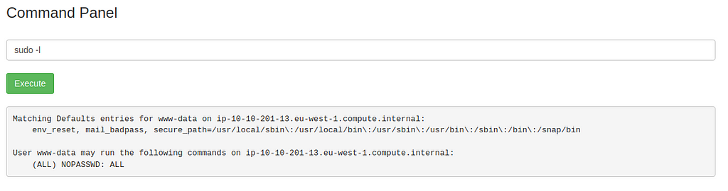 perintah 6: sudo -l , www-data dapat menggunakan sudo tanpa password