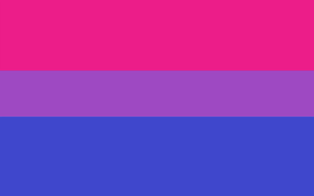 Image description: the bisexual flag. Pink, purple, and blue.