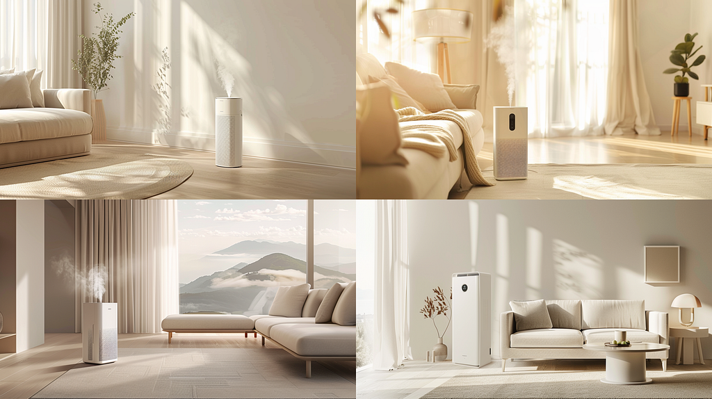 Product photography, air purifier, in a minimalist style living room, beige and white, serene and calm, monochrome scheme, light-filled landscape