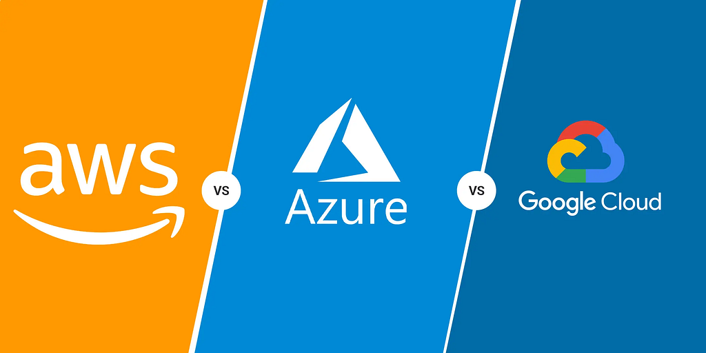 Comparison infographic featuring the logos of AWS, Azure, and Google Cloud in a side-by-side layout with ‘vs’ symbols between them, representing a comparative analysis of these major cloud service providers.