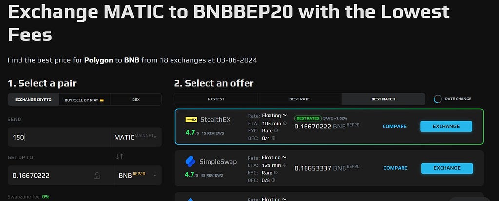 Swap MATIC for BNB with SwapZone