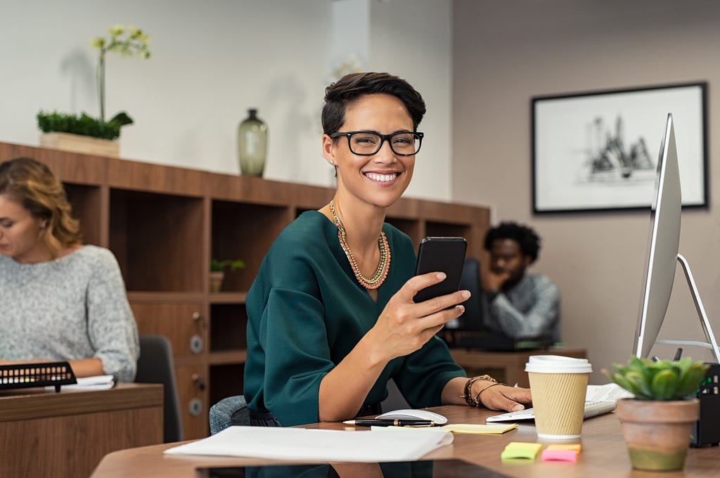 example look of a confident woman in technology with reality