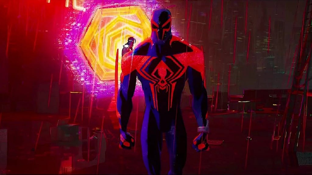 A menacing shot of Miguel O’Hara’s Spider-Man 2099 from “Across the Spider-Verse”