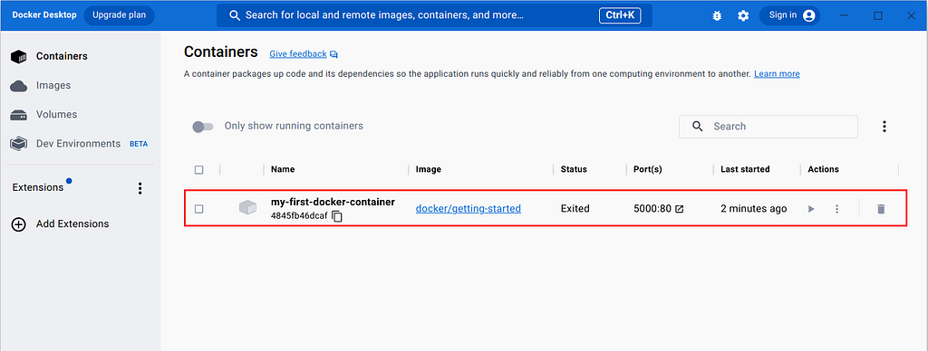 Showing docker in Docker Desktop