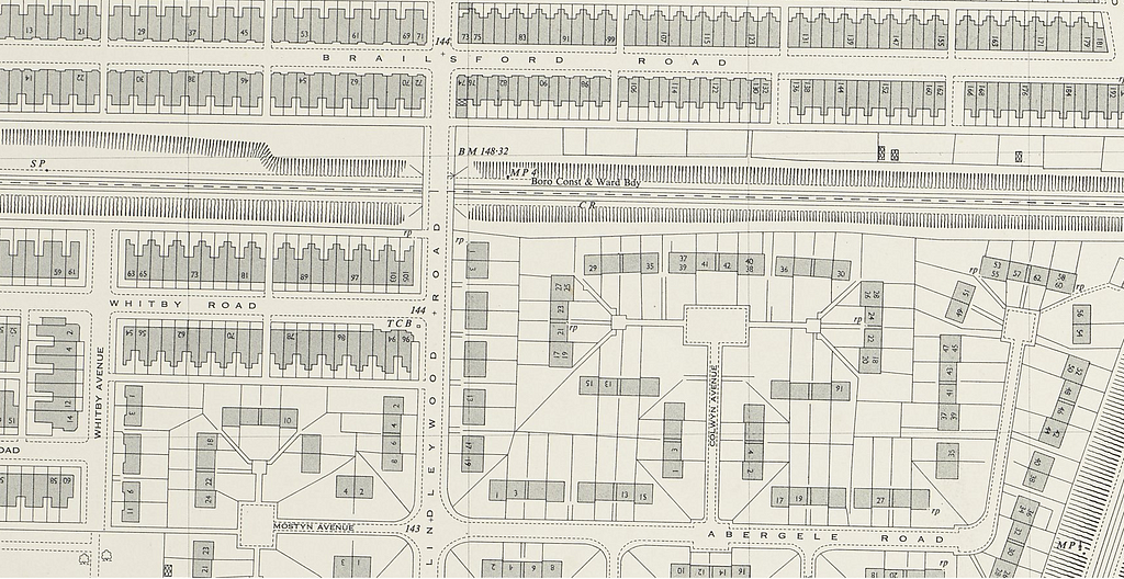 Section of a map showing the difference between the densely packed, Victorian terrace housing and the new, inter-war, semi-detached housing at 12 houses to the acre.