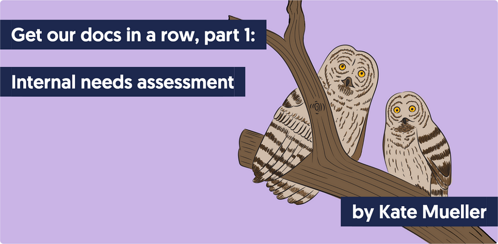 A drawing of two barred owls sitting on a tree branch with this text: “Blog: Get our docs in a row, part 1: Internal needs assessment — by Kate Mueller”