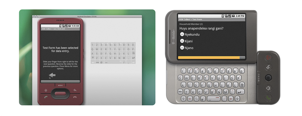 Android modal testing the ODK software and a old 2008 phone displaying an older ODK interface