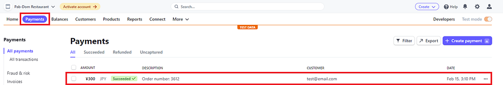 Payment details in Stripe dashboard.