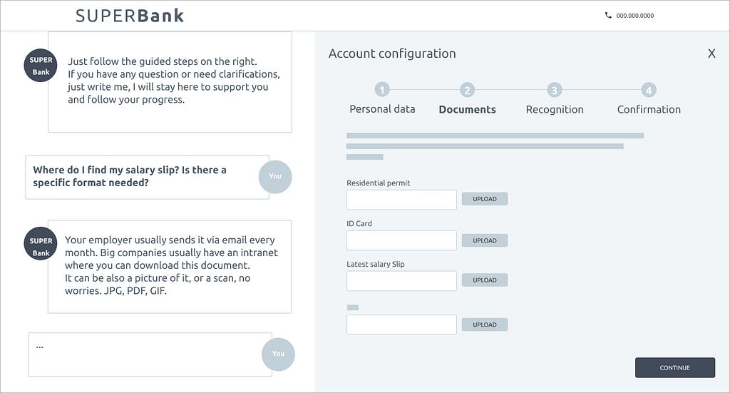 Wireframe of a banking site interface: account configuration, documents collection.