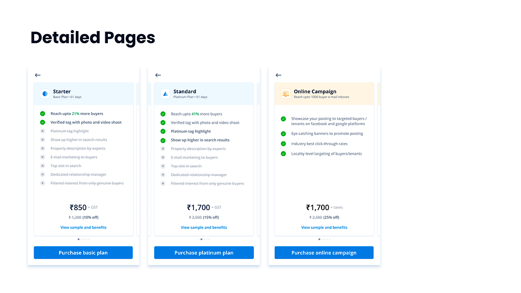 UI of Plan cards comparison view