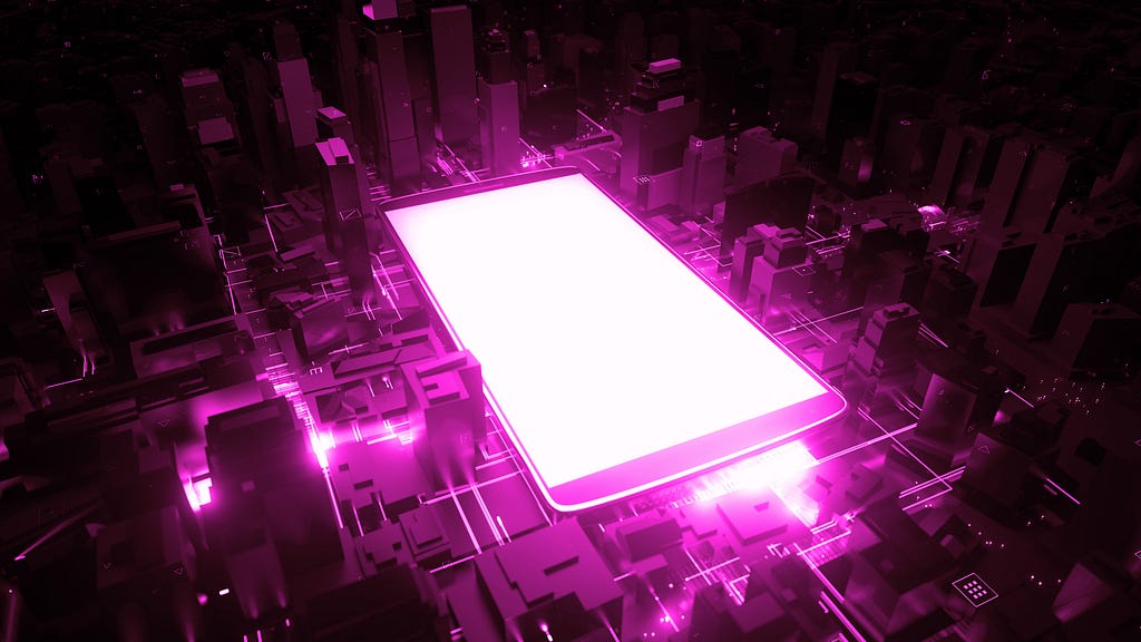 3d rendered technology background. Giant cellphone is in the center of city. Mobile phone generating a lot of energy waves. Interrelation of digital and modern life concept.