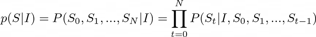 The chain rule of probability applied to the conditional probability of the caption given the image