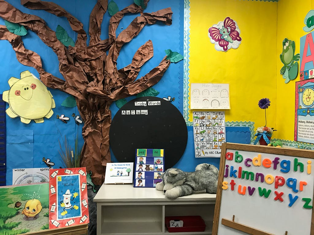 The image shows a colorful classroom corner decorated with educational materials. There’s a large brown paper tree on a blue wall, with a yellow cut-out turtle and paper leaves attached to it. A blackboard has the heading “Tricky Words” with letters and words displayed. The adjacent yellow wall has alphabet posters, a frog illustration, and a colorful butterfly. Below, there’s a bookshelf with a grey plush toy, a whiteboard easel with magnetic letters arranging the alphabet, and books.