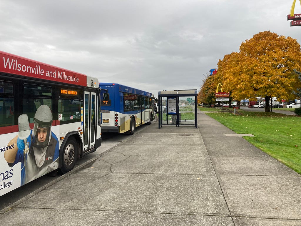 A picture of two TriMet Gillig buses laying over on the Frontage Road near the Troutdale McDonalds in Fall.
