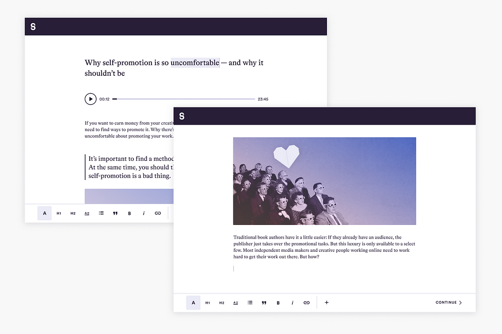 Two views of the new Steady editor, featuring a slick, pared-back design and ability to include a range of content formats.