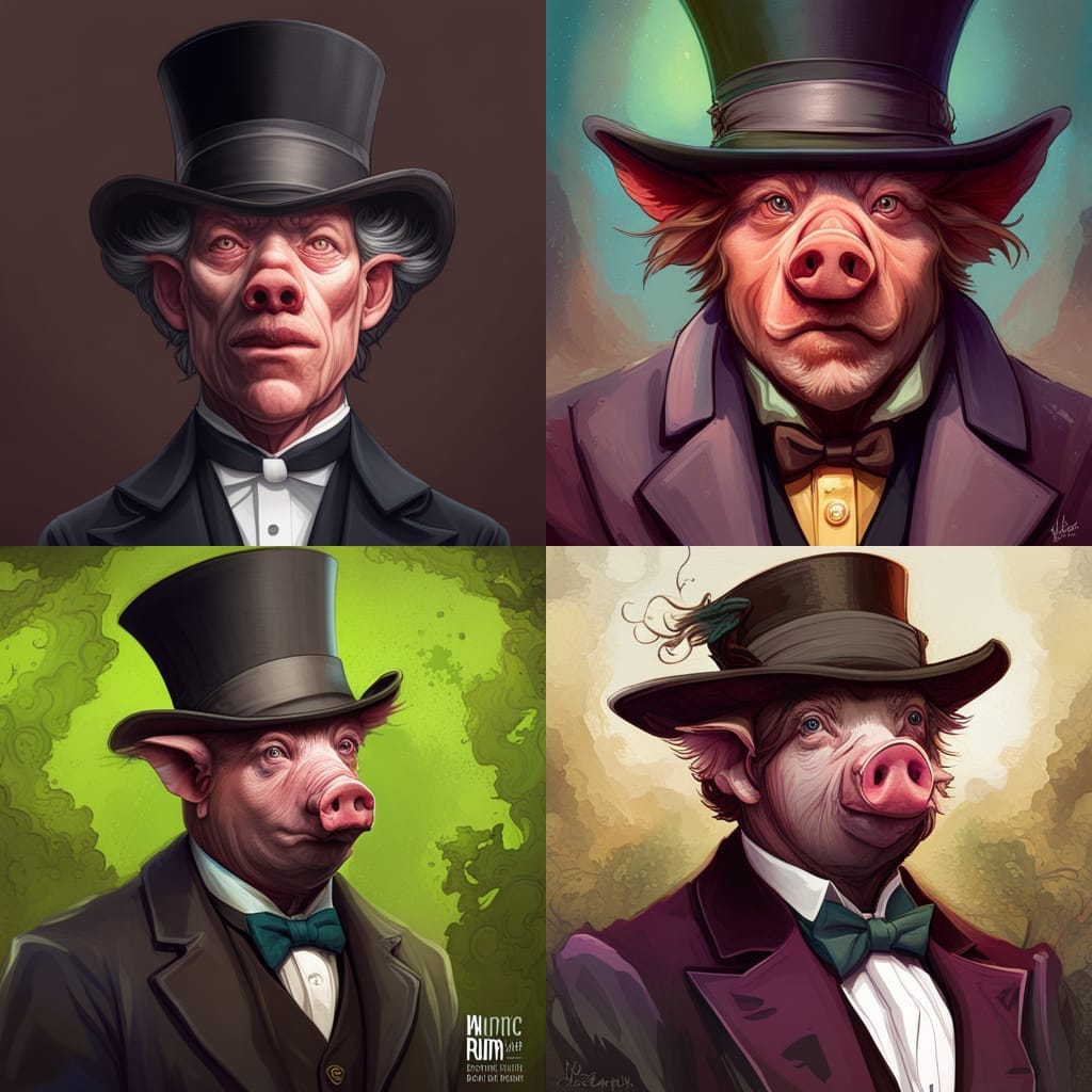 4 pics of pig face with top hat