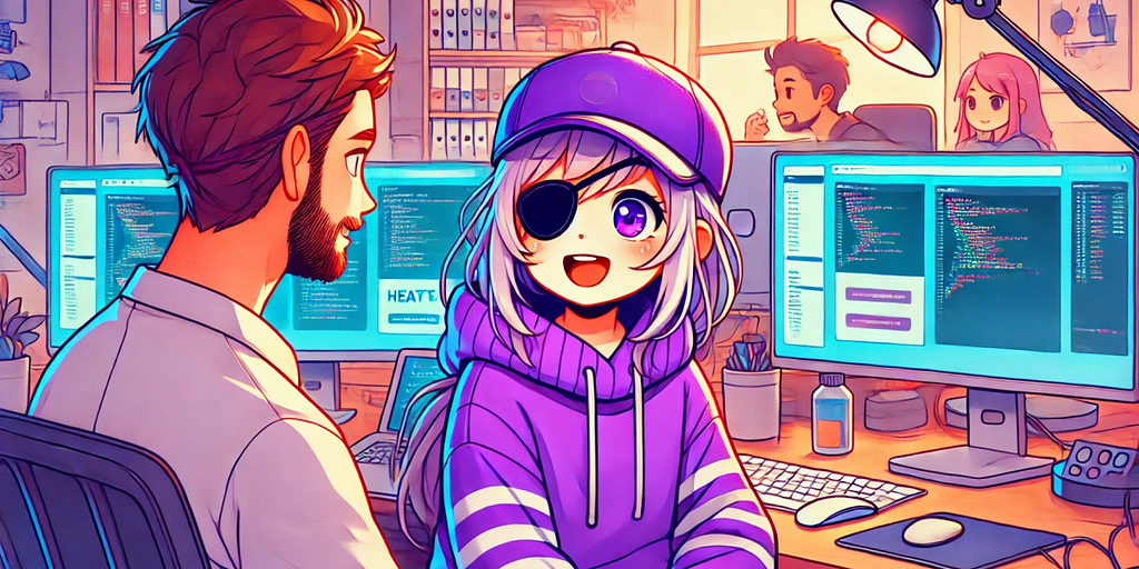 Anime girl is talking to a web developer sitting in front of desktop screens in a cozy office.