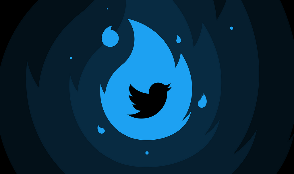 Twitter’s logo in the middle of a blue flame.