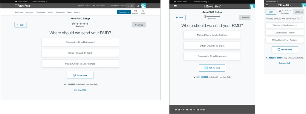 Screenshots of the first step of the Auto RMD experience, including desktop, tablet, and mobile experiences.
