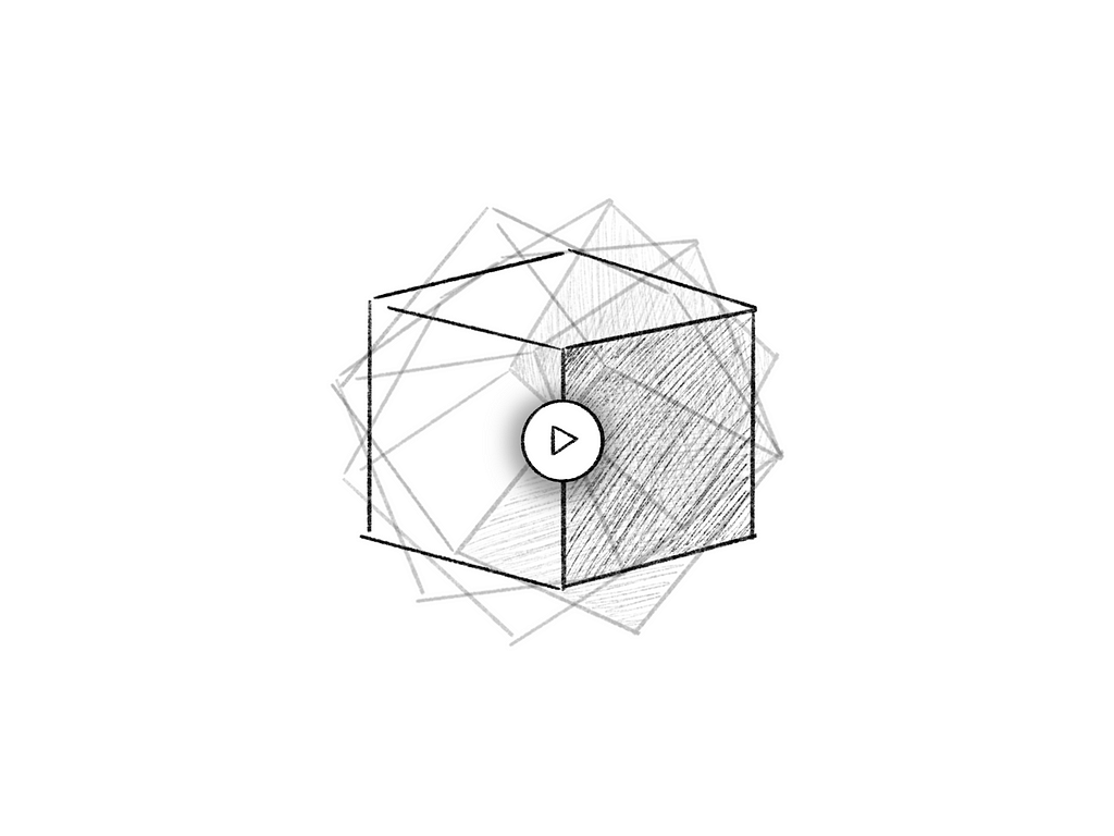 Sketch of a cube in motion. There is also an play/pause icon to stop the motion