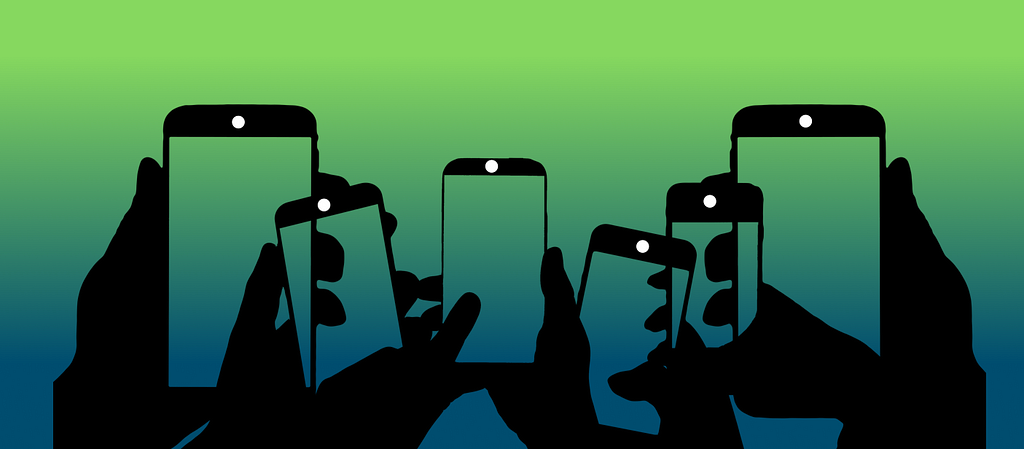 Illustration of stylized hands holding smartphones with a background that gradually transitions from blue to green