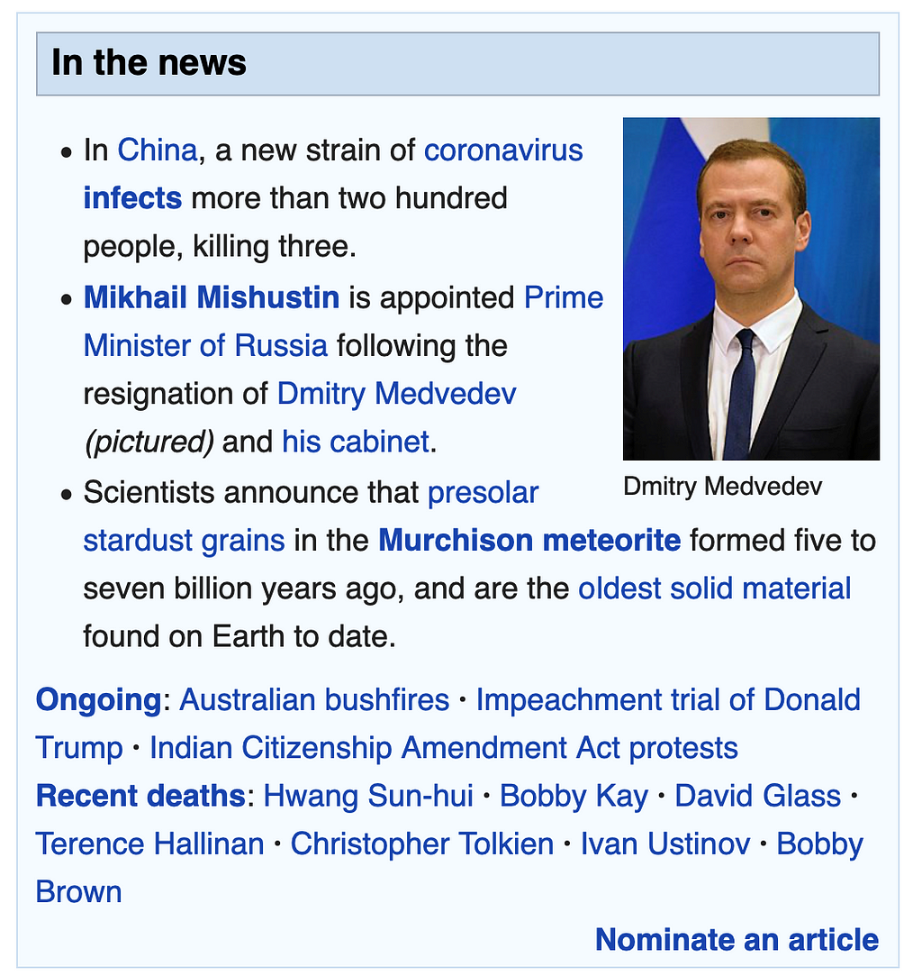 A screengrab of the “In the news” section of Wikipedia from January 2020, the first bullet point of which notes a new strain of coronavirus infected more than two hundred people in China, killing three.