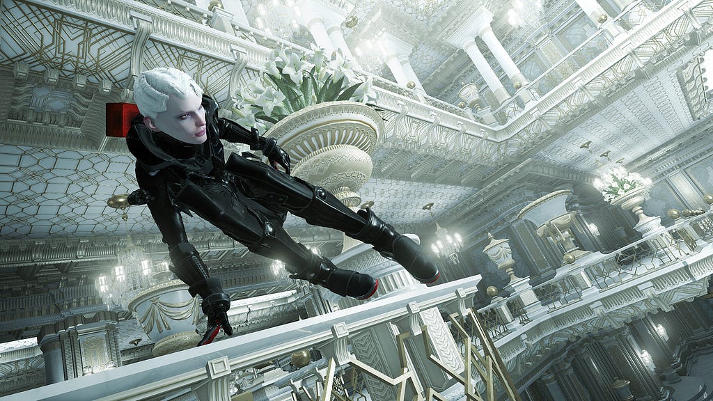 A woman in a black suit with a red cube on her back, jumping over a railing, in a lavish  white and gold interior.