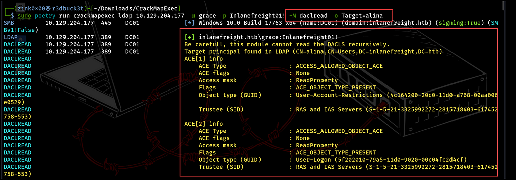 Figure 15 — shows the daclread module returns the ACL properties for the user Alina. r3dbuck3t