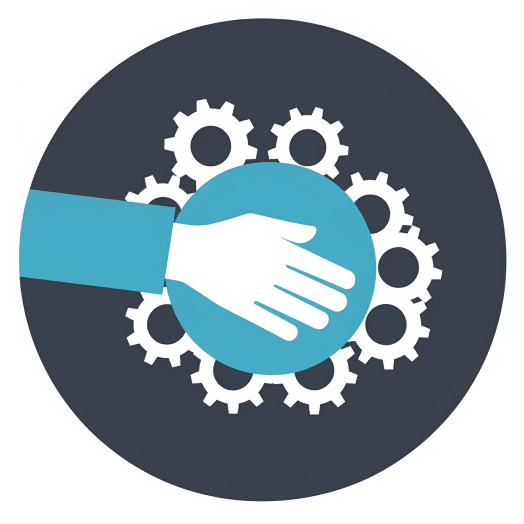 Prompt by Russ + GPT4; Rendering by MidJourney. “minimalist, modern icon illustrating a firm handshake, set against a backdrop of subtly interconnected gears. The color palette should include shades of blue and gray, screen-print, flat, vector — no realistic photo text”