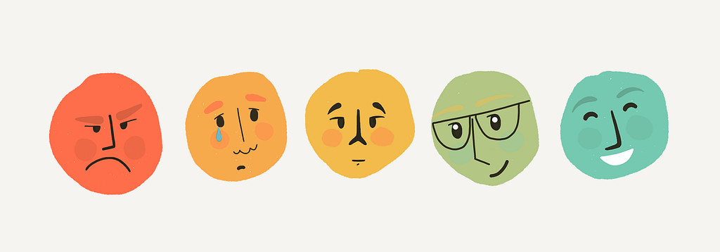 Drawings of a range of emotions, ranging from sad to elated