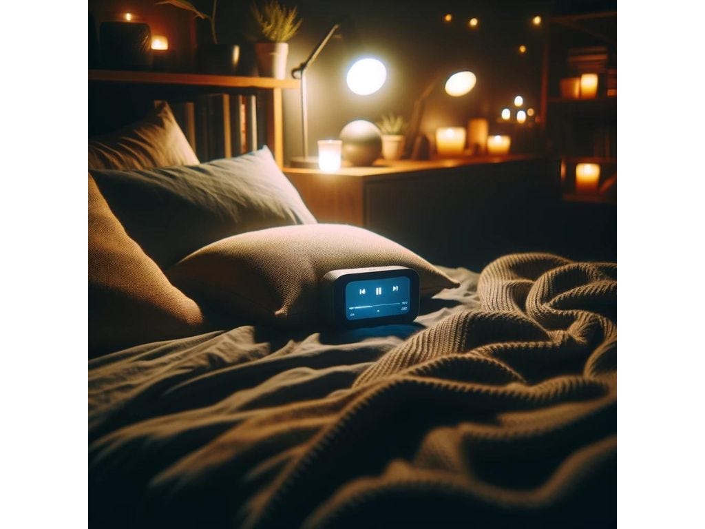 The image depicts a cozy, clutter-free bedroom at night with soft blankets and dim ambient lighting, where a speaker plays soothing meditation music, creating a calm and inviting atmosphere for restful sleep.