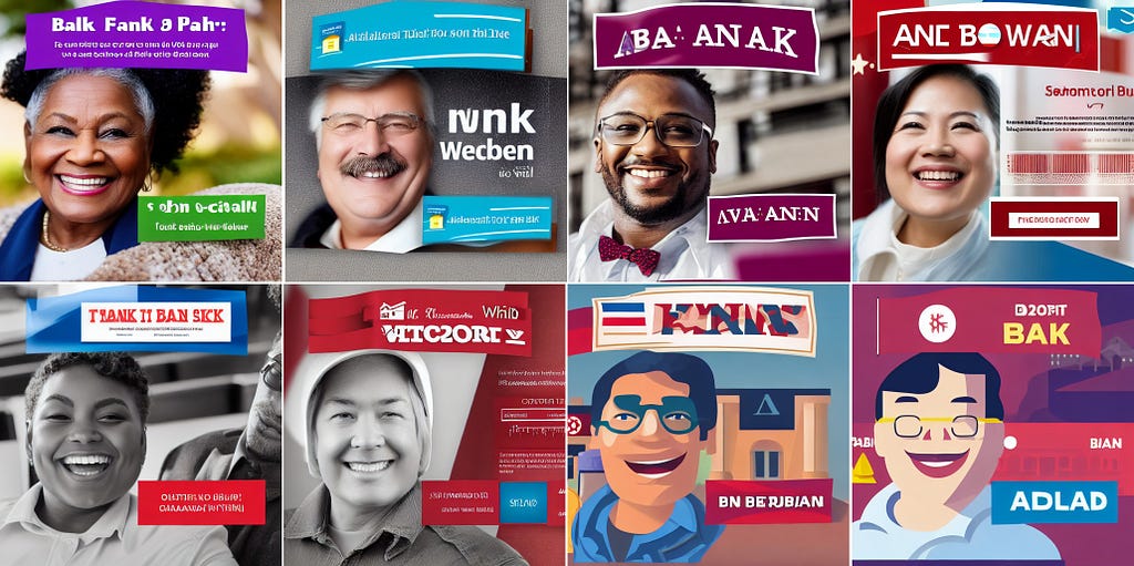 Eight graphic design mockups of identical composition, featuring a smiling with a headline and graphics overlaid. The race, age, and ethnicity of each person is different, along with the style of visual (photography, illustration) and the font and colours used in the graphics.