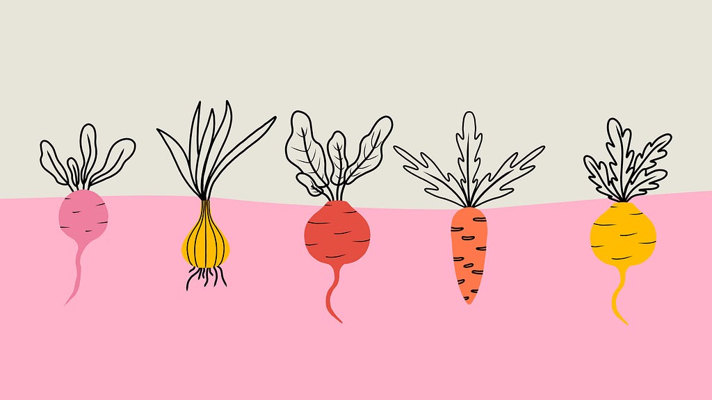 An abstract, colourful illustration of roots vegetables growing out of the soil: an onion, three beetroots and a carrot