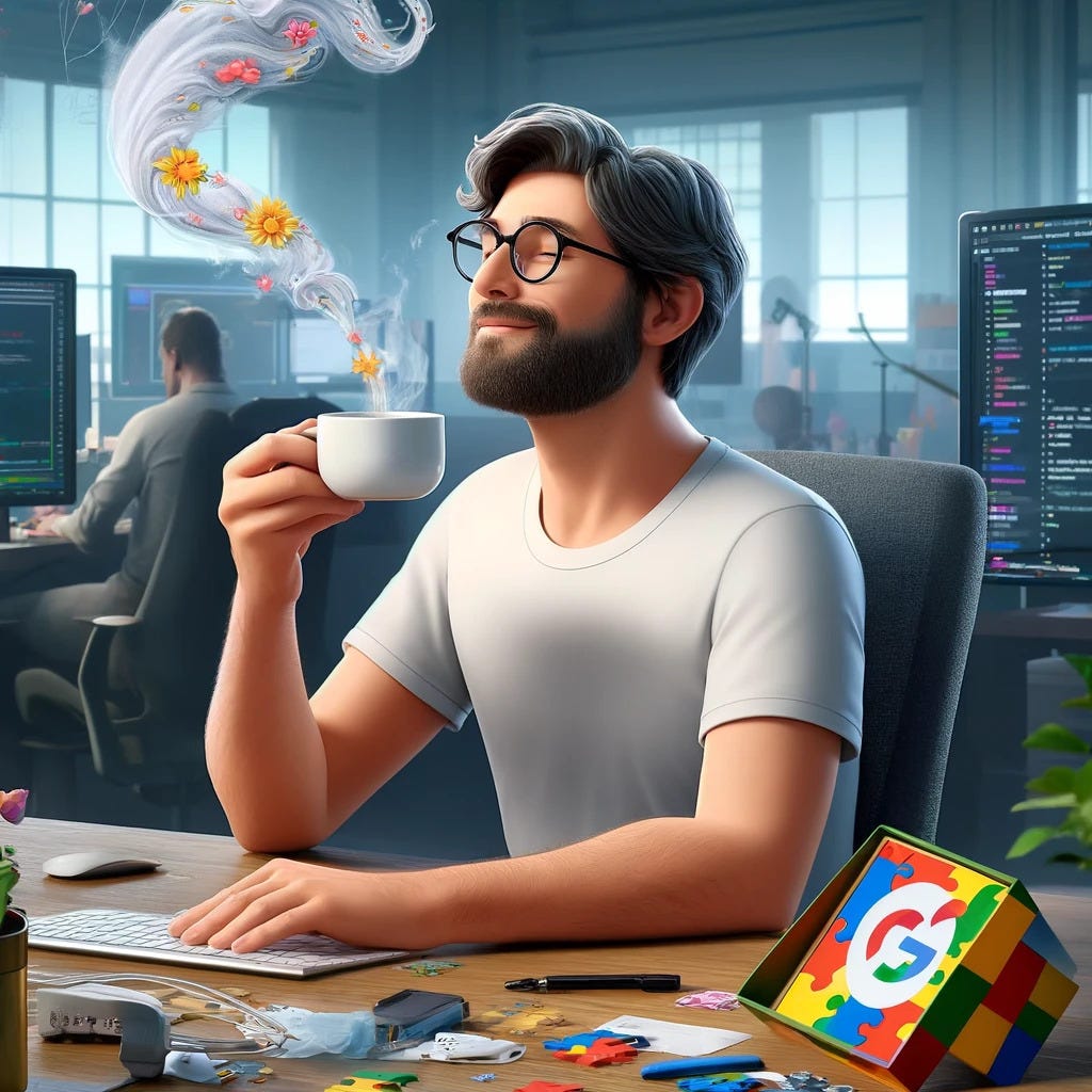 A male engineer in his 30s, resembling a typical Google engineer, sits at a desk, enjoying his work. He is casually dressed in a T-shirt and glasses, holding a cup of coffee with steam whimsically swirling above it, symbolizing his flowing ideas. The scene includes a cluttered office space with scattered papers and multiple digital screens, representing the complexity of navigating new databases. He looks content and inspired, contemplating a simpler onboarding process, symbolized by an op