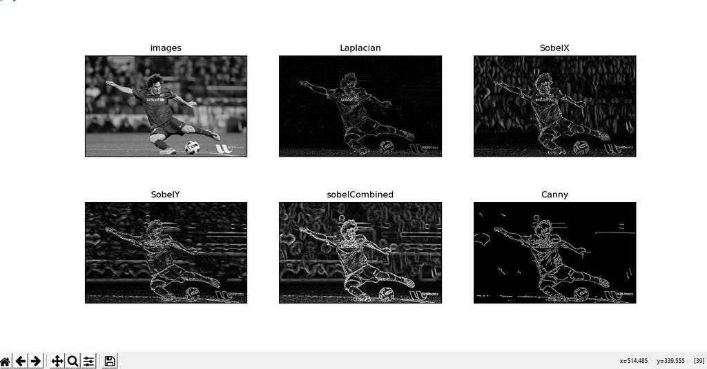 this shows all the results of function we are using, from grayscale image, SobelX, SobelY, Sobel’s combination, Laplacian.