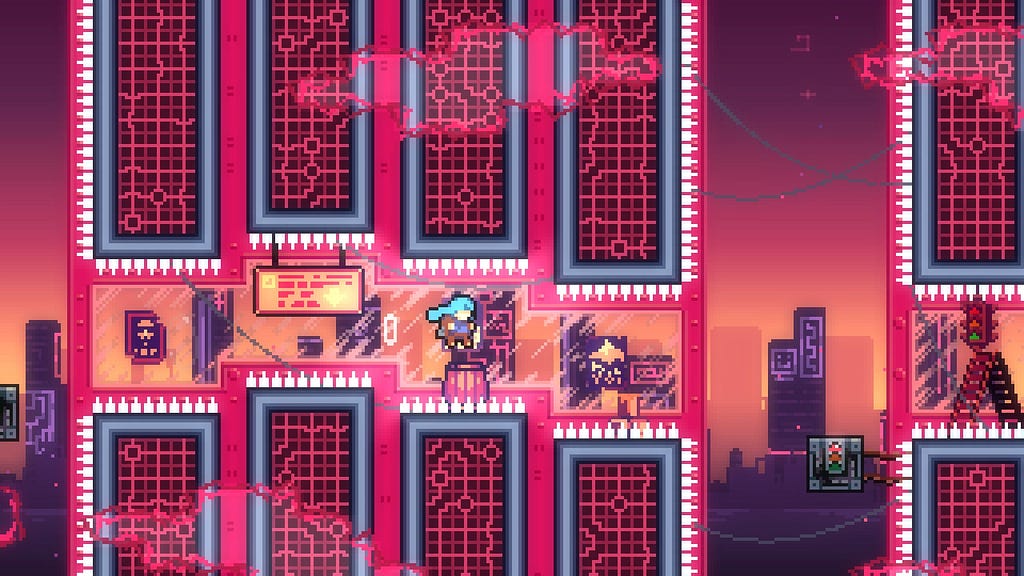 A screenshot of the map Dusk City. Madeline flies through a set of black and deep pink pillars, with windows and pink metallic plating directly behind her. In the background is a modern cityscape during sunset.