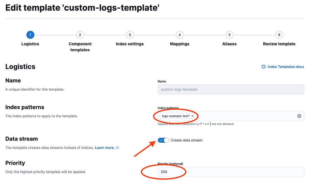 Screen capture of the index template creation screen