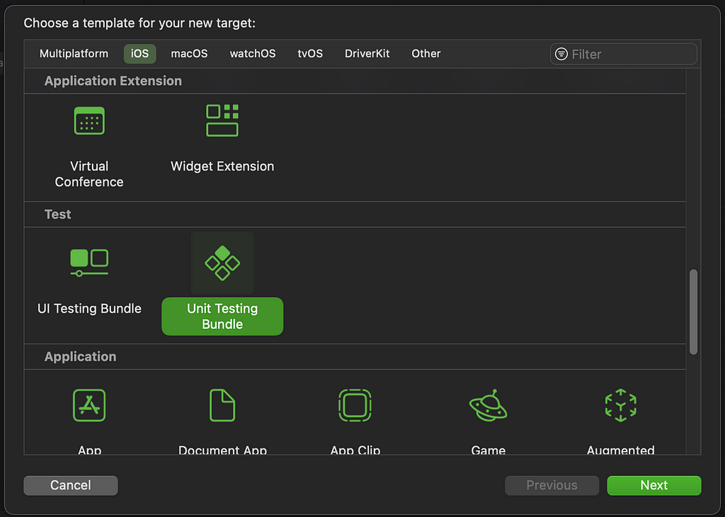 Adding a target from XCode templates