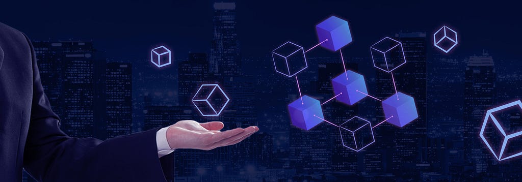 A banner image shows the uses of blockchain technology where the main block (digital database) connects with three other blocks building a network amongst each other.