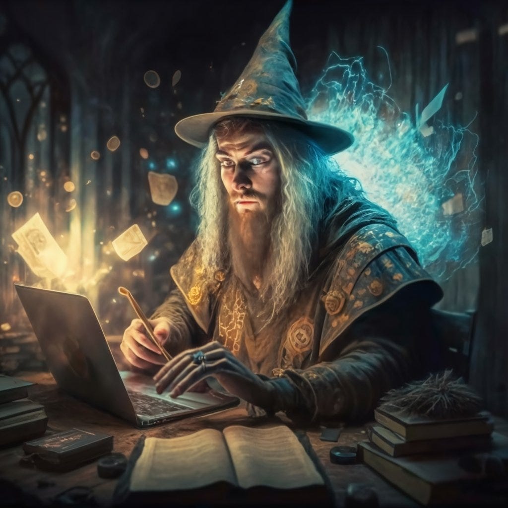 A data engineer, dressed as a wizard, coding.