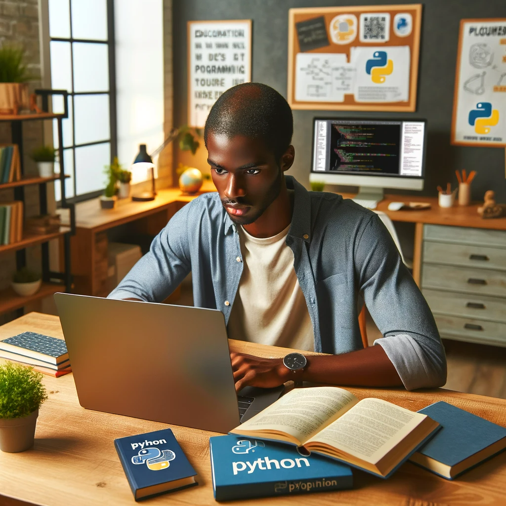 An image showing a young Black student learning Python programming. The image captures the focused and inspiring environment of the student’s study space.