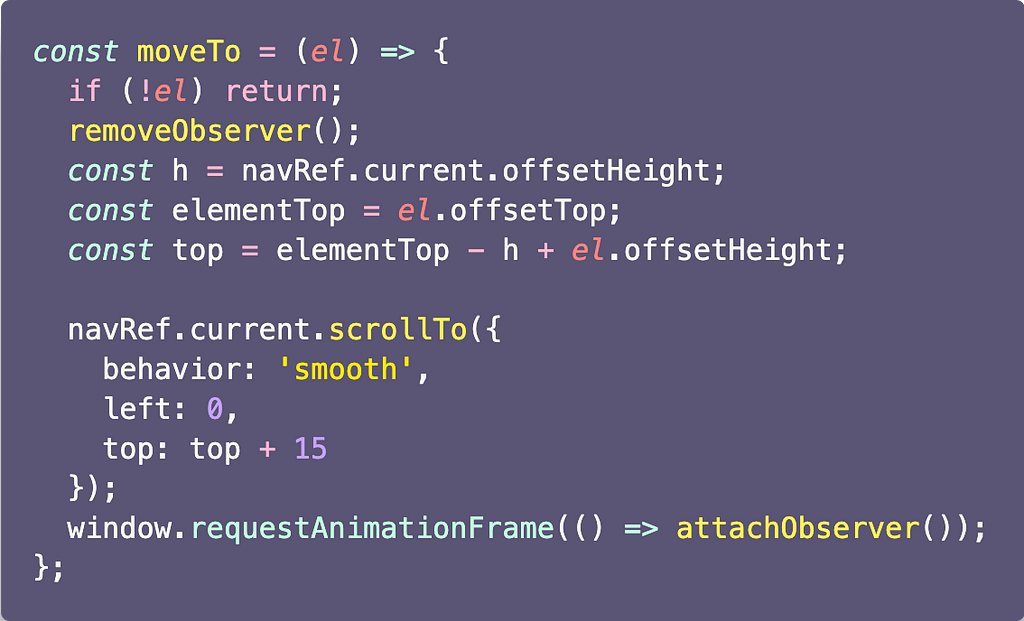 A Javascript function that removes the observer, triggers a scroll, then reattaches the observer