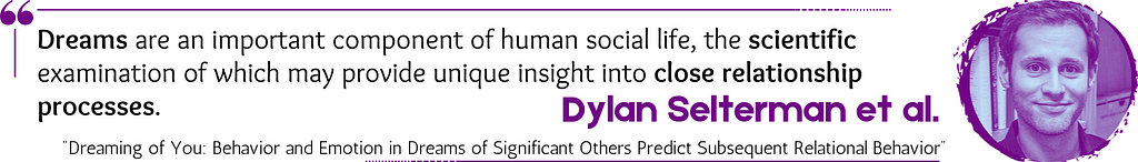 A stylized quote reads: “Dreams are an important component of human social life, the scientific examination of which may provide unique insight into close relationship processes.” Credit: Dylan Selterman et al., from “Dreaming of You: Behavior and Emotion in Dreams of Significant Others Predict Subsequent Relational Behavior”