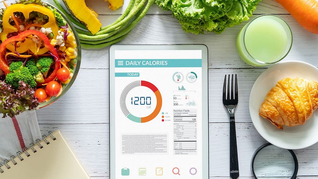 daily calories count for each meal with veggie and fruits on the table