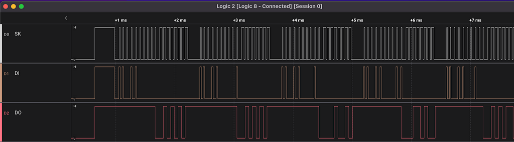 a data capture from the EEPROM, showing clock signals and data lines
