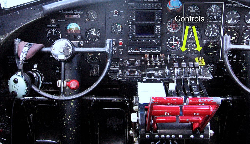 The complex cockpit layout of the B-17 with the offending gear and wing flap controls.